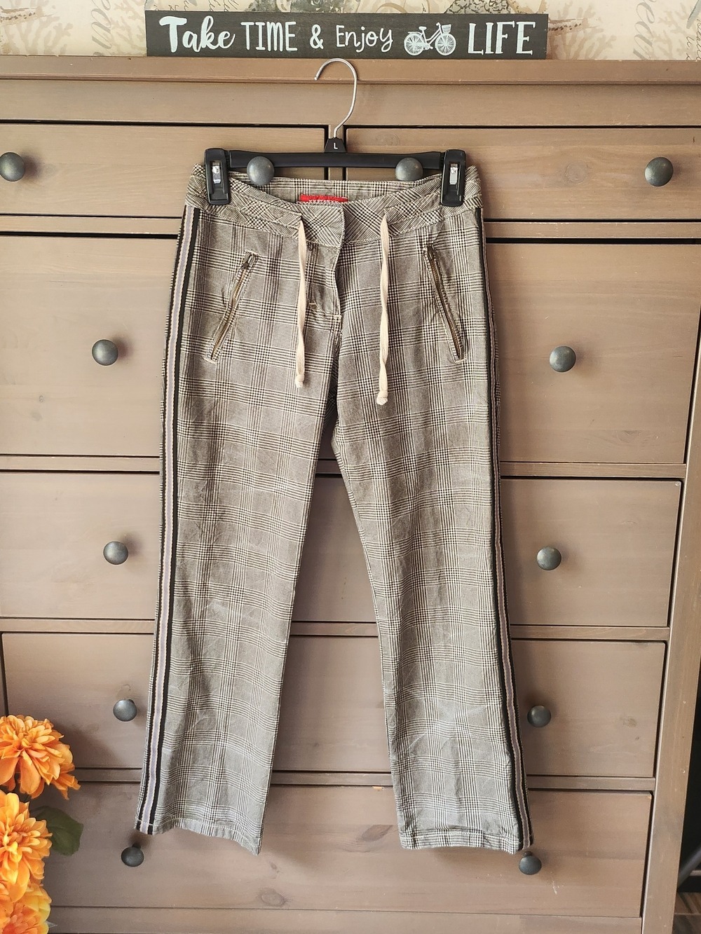 Mexx Grey And Taupe Plaid Drawstring Chinos with Black Side Stripes Women's 2